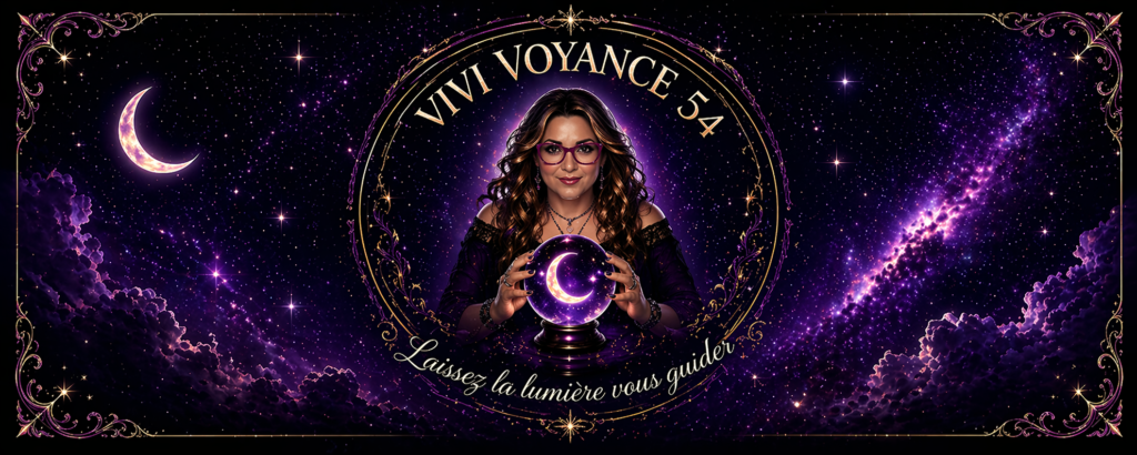 Voyante à Alès Vivi Voyance 54 tenant une boule de cristal sous un ciel étoilé violet – consultation de voyance à distance et en présentiel